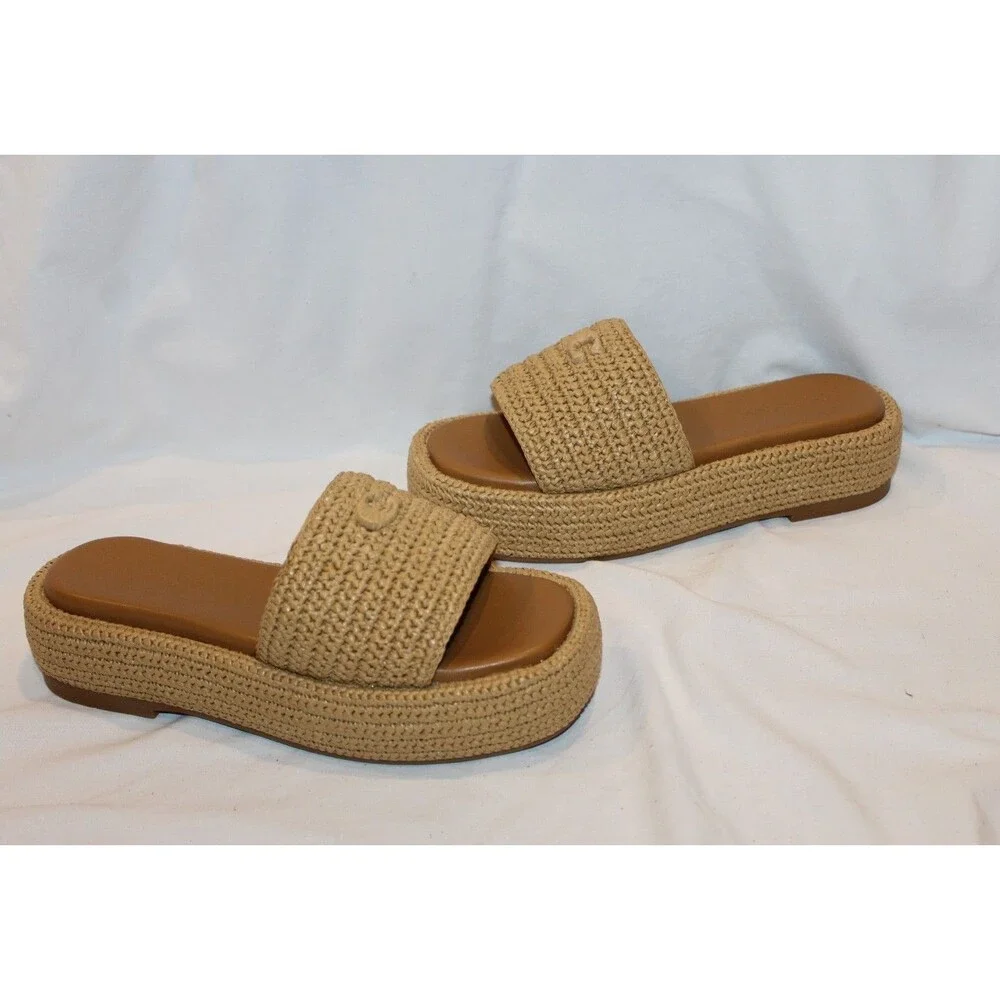 COACH Women's Sculpted C Raffia Platform Slides Sandals Natural NEW SZ 8